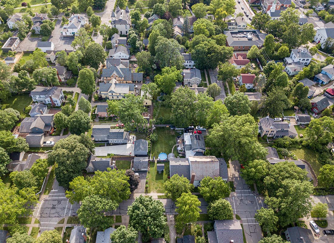 Fairlawn, OH - Aerial View of Homes in Fairlawn Ohio Surrounded by Green Trees on a Sunny Summer Day