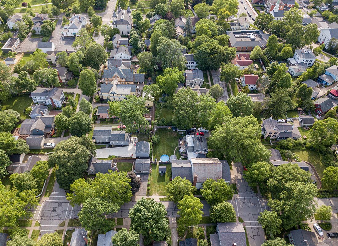Fairlawn, OH - Aerial View of Homes in Fairlawn Ohio Surrounded by Green Trees on a Sunny Summer Day